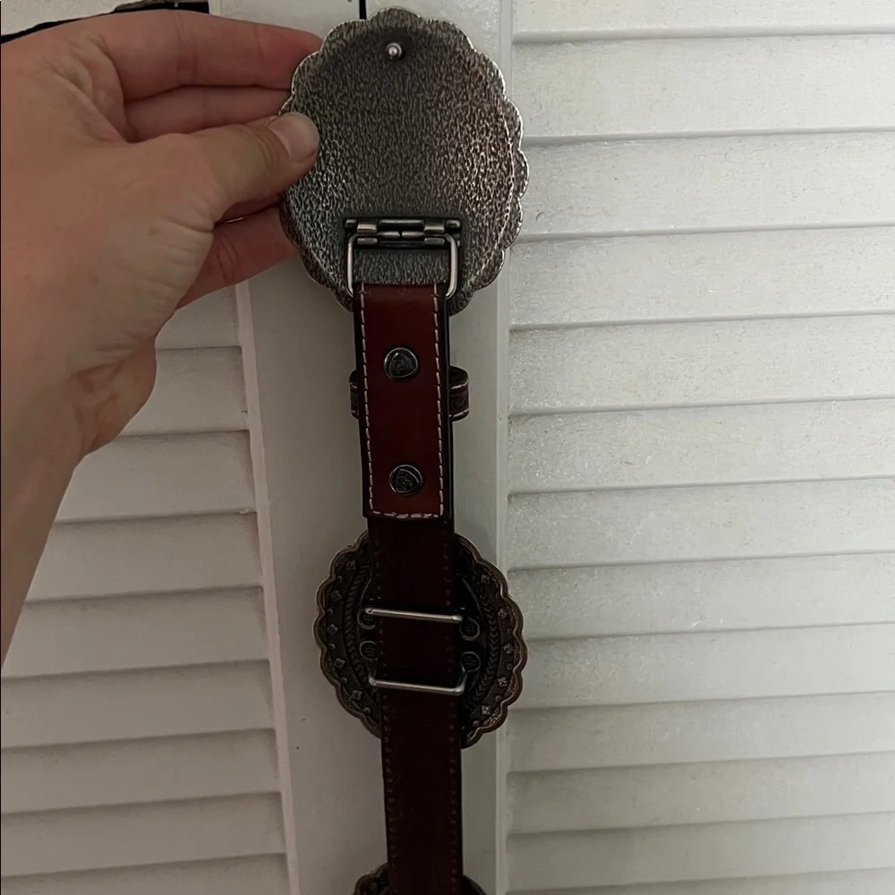 Western Silver Concho Wall Decor Belt - Brown Leather with Silver Accents